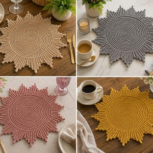 May include: A set of four circular crochet placemats, each featuring a sunburst design with radiating points. The placemats are available in four distinct solid colors: beige, dark gray, dusty rose, and mustard yellow, all with a textured finish.
