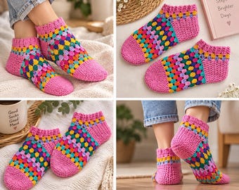 Crochet Socks Pattern PDF, Colorful Granny Stitch Socks, Crochet Slipper Socks Pattern, Womens Ankle Socks, Cozy Crochet Footwear