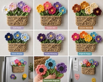 Crochet Flower Magnet Pattern PDF, Detachable Fridge Magnets, Crochet Basket Magnets, Kitchen Decor, Instant Download