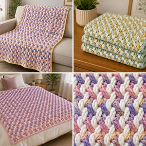 May include: A crochet blanket featuring a textured, braided stitch pattern in a multi-colored yarn blend of white, soft pink, lavender, and yellow. The blanket is finished with a solid-colored border and is shown draped over furniture and folded.
