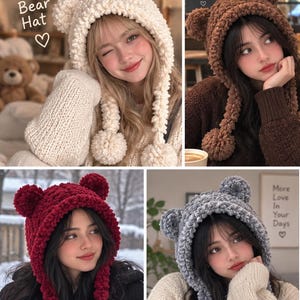 May include: A collection of four crochet furry bear hats in cream, brown, dark red, and grey. Each hat features two rounded ears on top and two long side tassels with pom-poms at the ends. The text "Crochet Furry Bear Hat" is visible.