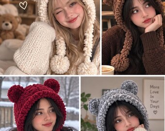 Furry Crochet Bear Hat Pattern PDF, Fluffy Bear Ear Bonnet, Crochet Hood Pattern, Pom Pom Tie Hat, Cute Winter Animal Hat Pattern