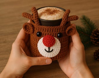 Reindeer Mug Cozy Crochet Pattern: Beginner Rudolph Cup Sleeve (PDF Pattern)