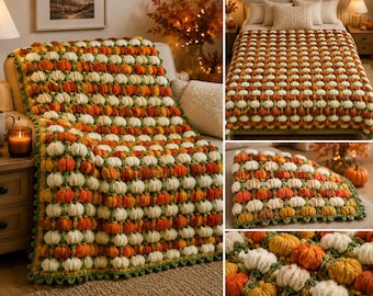 Crochet Pumpkin Blanket Pattern PDF, Puff Stitch Pumpkin Blanket, Fall Crochet Throw Pattern, Autumn Halloween Crochet Decor