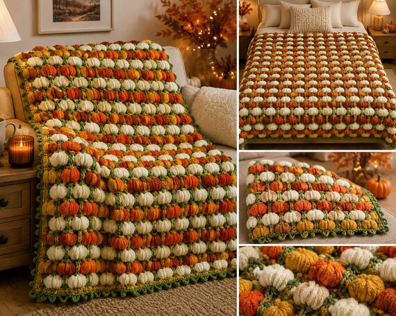 Crochet Pumpkin Blanket Pattern PDF, Puff Stitch Pumpkin Blanket, Fall Crochet Throw Pattern, Autumn Halloween Crochet Decor
