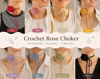 Crochet Rose Choker Pattern PDF, Flower Necklace Crochet Pattern, Coquette Crochet Jewelry, Floral Neck Tie, Romantic Crochet Accessory