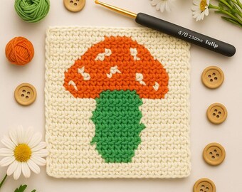 Patrón de hongo a crochet: Cuadrado de seta de estilo cottagecore (patrón en PDF)
