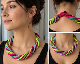 Crochet Rope Necklace Pattern PDF, Multi Strand Crochet Necklace, Easy Beginner Crochet Jewelry, Colorful Statement Necklace, Scrap Yarn