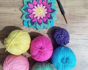 Patrón de posavasos de flores de crochet 3D – Motivo colorido en capas – Tapete para taza (PDF) – Tutorial de crochet para principiantes