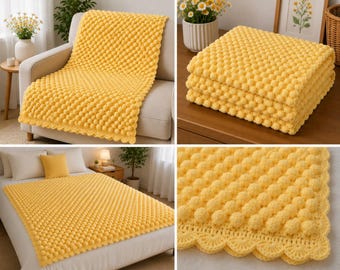 Popcorn Stitch Crochet Blanket Pattern, Bobble Crochet Blanket PDF, Textured Crochet Throw, 3D Blanket Pattern, Scalloped Edge Blanket