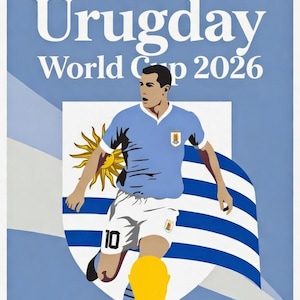 Pu&ograve; includere: Illustrazione di un calciatore con maglia azzurra con il numero 10, che calcia un pallone verso un trofeo d'oro. Lo sfondo presenta la bandiera uruguaiana e il testo "Vamos Uruguay World Cup 2026" in bianco.