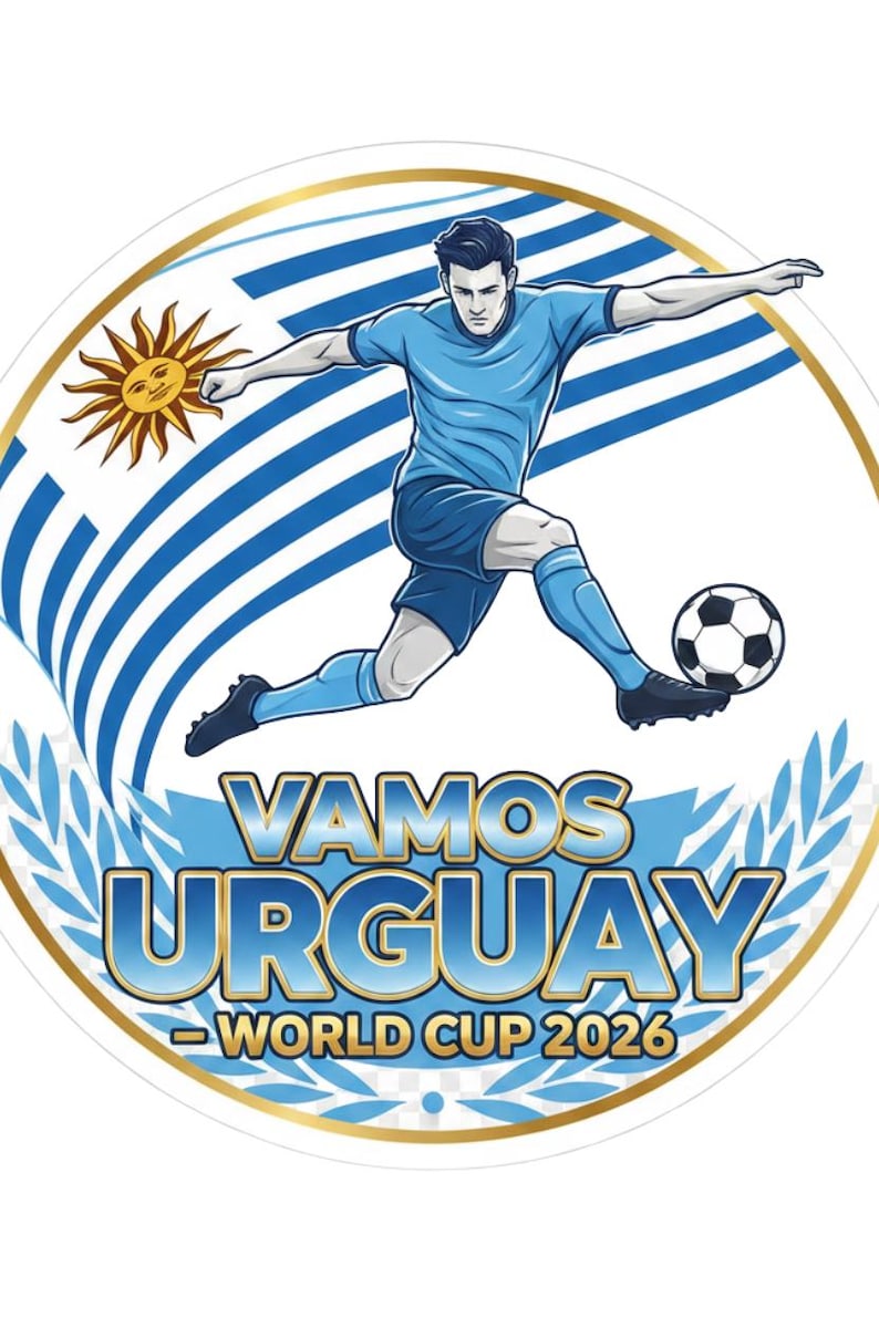 Pu&ograve; includere: Grafica circolare con un calciatore in divisa celeste che calcia un pallone. Il testo "VAMOS URUGUAY - WORLD CUP 2026" &egrave; visualizzato in blu e oro. Lo sfondo include la bandiera uruguayana e un sole.