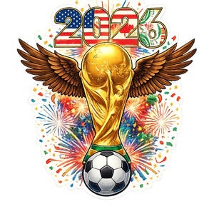 Pu&ograve; includere: Un adesivo con un trofeo dorato con ali marroni, un pallone da calcio e la scritta "2026" nei colori delle bandiere americana e canadese. Fuochi d'artificio colorati sullo sfondo.