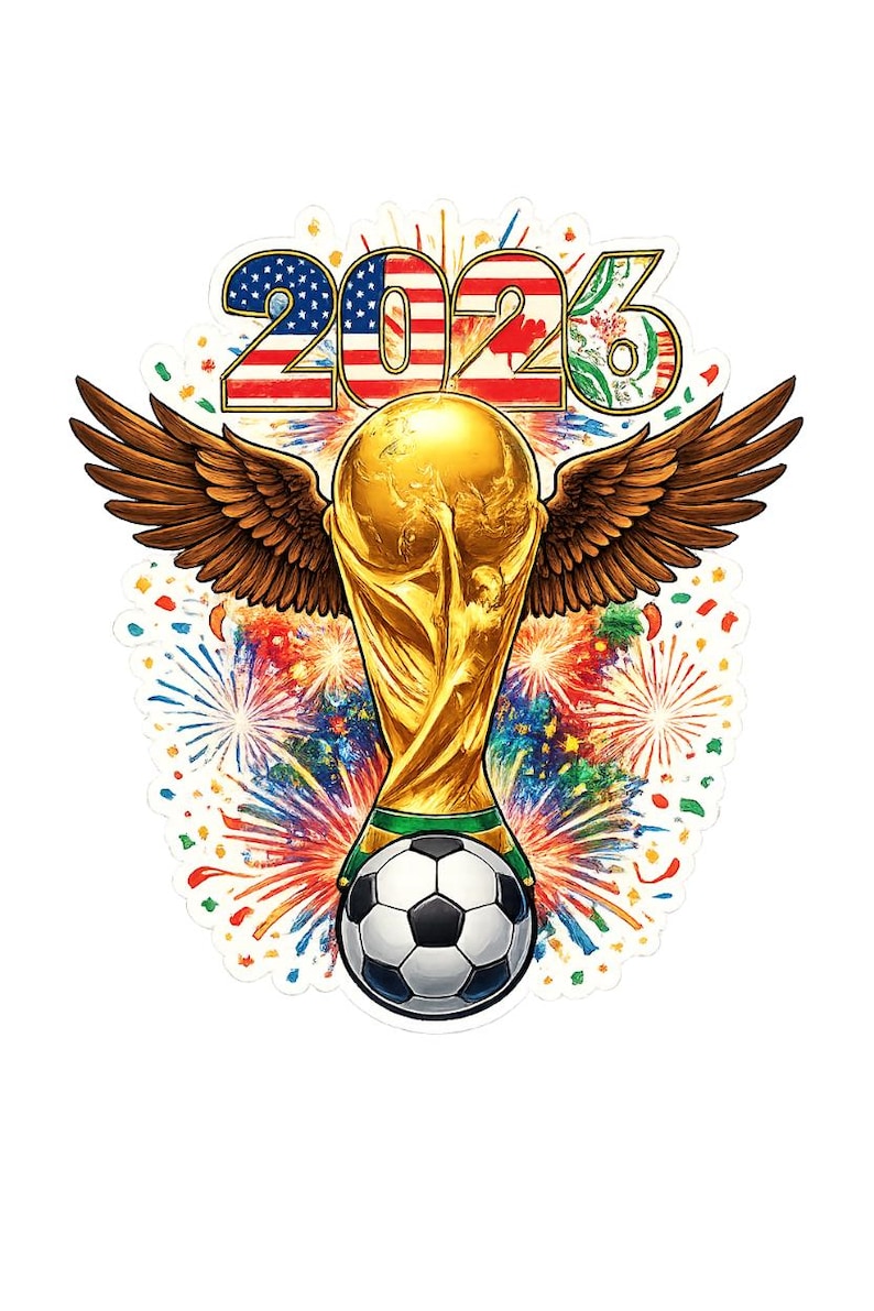 Pu&ograve; includere: Un adesivo con un trofeo dorato con ali marroni, un pallone da calcio e la scritta "2026" nei colori delle bandiere americana e canadese. Fuochi d'artificio colorati sullo sfondo.