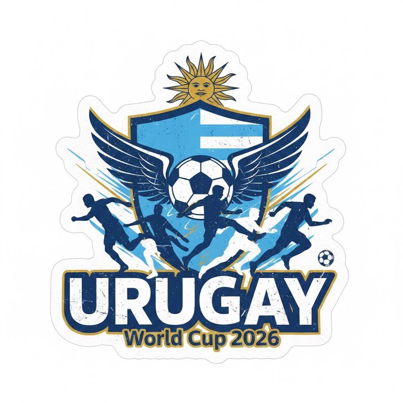 Pu&ograve; includere: Un adesivo con un design a tema calcistico per la Coppa del Mondo 2026 in Uruguay. Il design include uno scudo con ali, un pallone da calcio e sagome di giocatori. La parola "URUGUAY" &egrave; ben visibile.