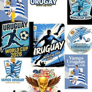 Pu&ograve; includere: Una collezione di grafiche a tema calcio dell'Uruguay. I disegni includono giocatori con maglie azzurre, palloni da calcio e le parole "Uruguay" e "World Cup 2026". Le grafiche presentano la bandiera uruguaiana e un trofeo d'oro.