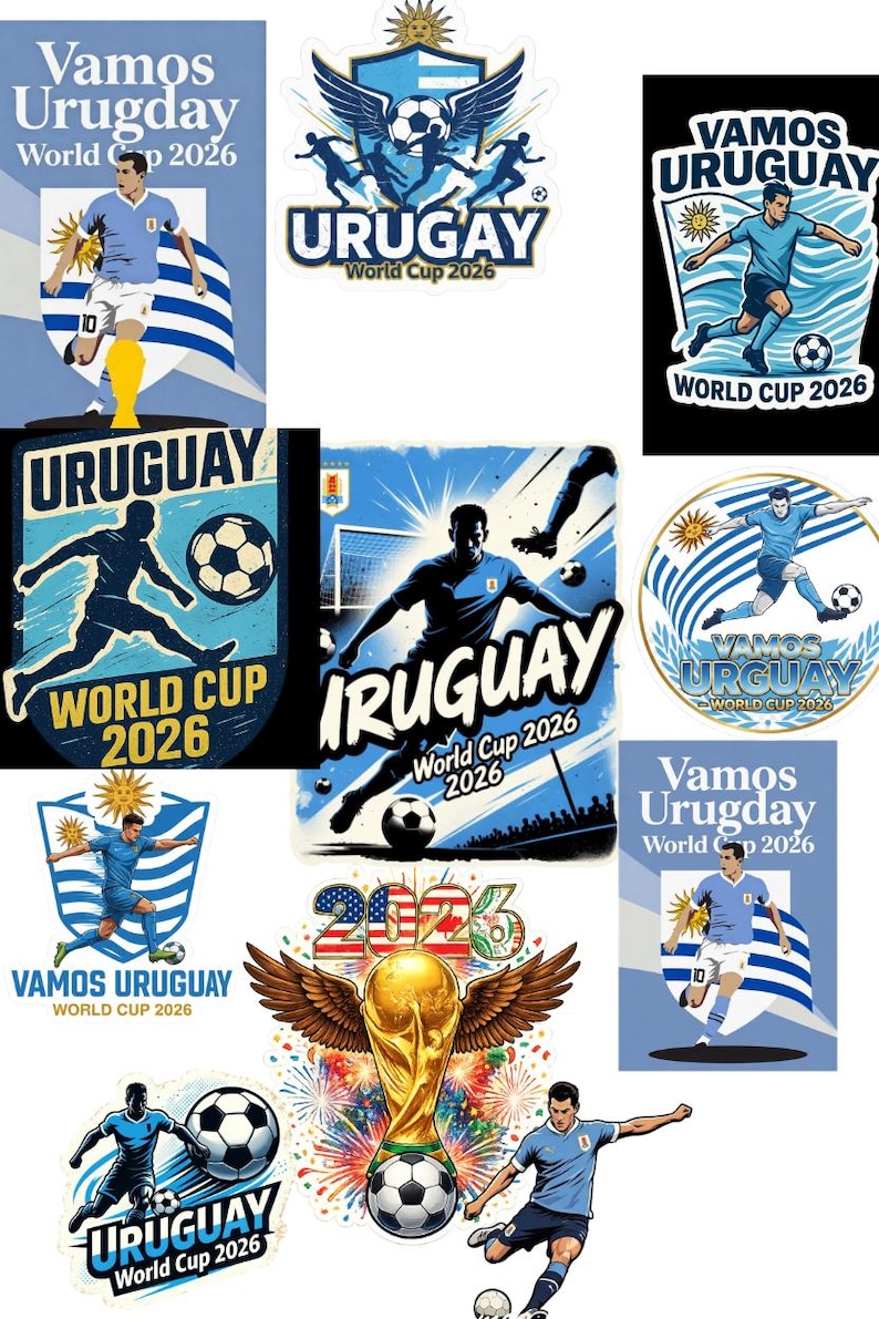 Pu&ograve; includere: Una collezione di grafiche a tema calcio dell'Uruguay. I disegni includono giocatori con maglie azzurre, palloni da calcio e le parole "Uruguay" e "World Cup 2026". Le grafiche presentano la bandiera uruguaiana e un trofeo d'oro.