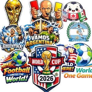以下が含まれることがあります： カラフルなサッカーをテーマにしたステッカーのコレクション。デザインには、金色のトロフィー、サッカーボール、旗、および「World Cup 2026」のテキストが含まれています。他のステッカーには「Vamos Argentina」のテキストと審判が描かれています。