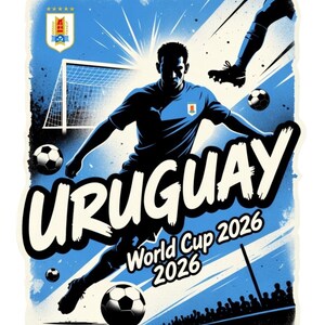 Pu&ograve; includere: Un adesivo con un calciatore in divisa blu, con la parola "URUGUAY" a grandi lettere bianche. L'immagine include palloni da calcio, una porta e il testo "World Cup 2026". Lo sfondo &egrave; azzurro.