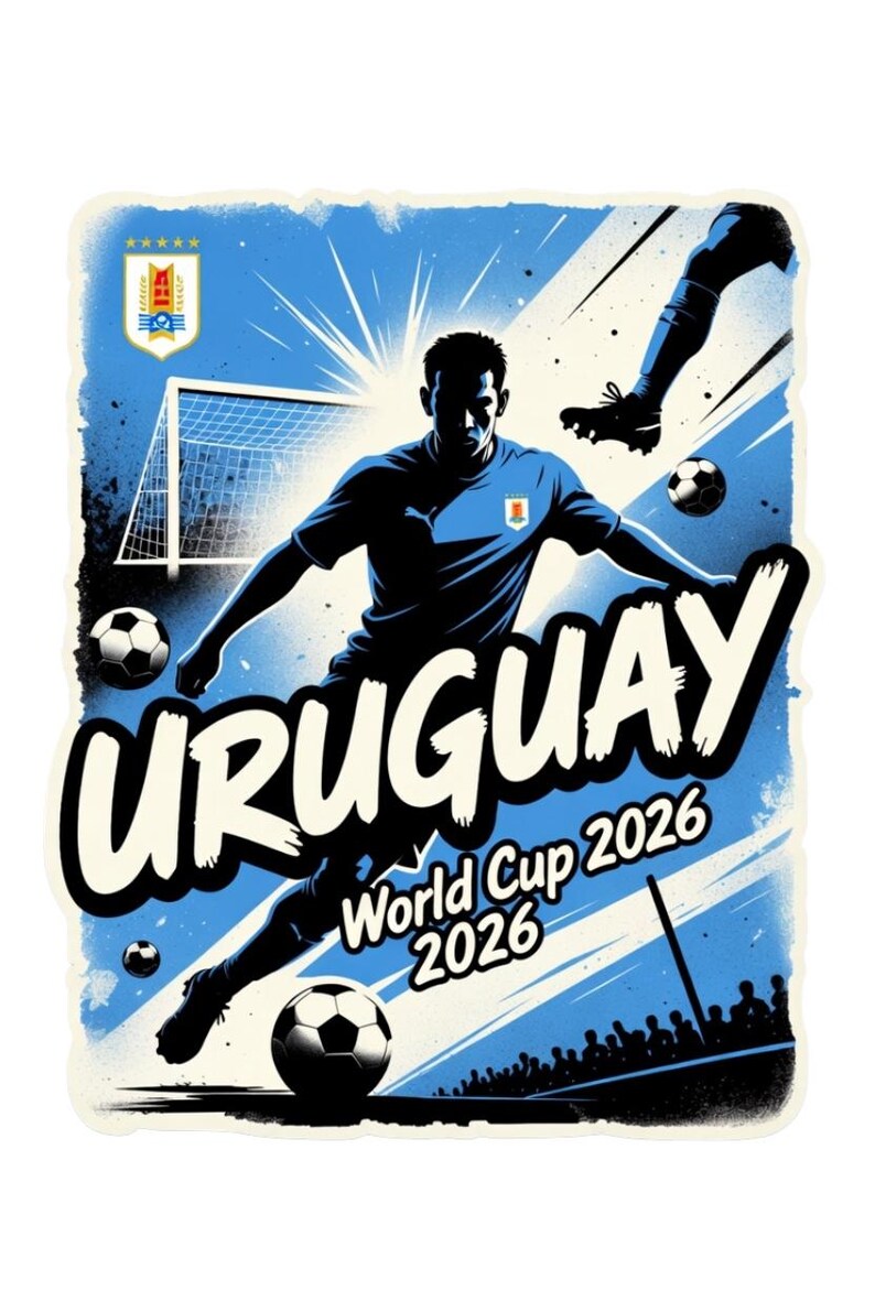 Pu&ograve; includere: Un adesivo con un calciatore in divisa blu, con la parola "URUGUAY" a grandi lettere bianche. L'immagine include palloni da calcio, una porta e il testo "World Cup 2026". Lo sfondo &egrave; azzurro.