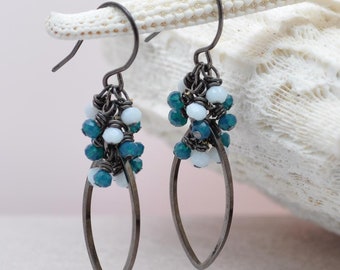 Turquoise Teal Green Hoop Earrings | Emerald Crystal Drop Dangle Earrings | Holiday Chandelier Jewelry | Festive Teardrop Earrings