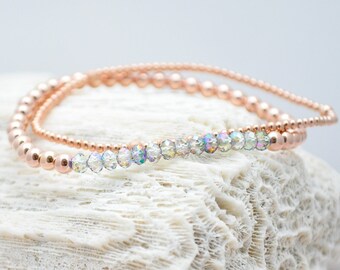 4mm and 2mm 14K Rose Gold Stacking Bracelet with White Zircon Green Beads | Friendship bracelet | Stackable | holiday gift |