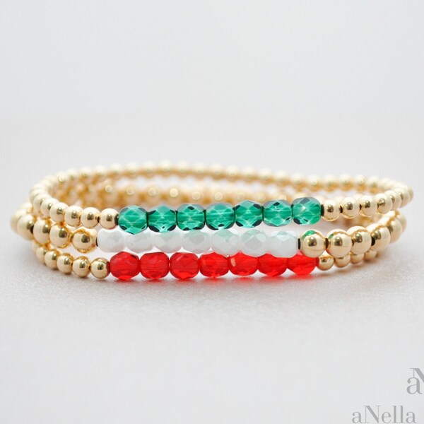 Italian Flag Bracelet | Gold filled bracelet set with green, white and red beads | Mexican flag bracelet | Italy flag | Mexico flag