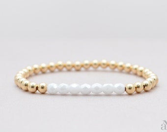 4mm Gold Filled Bracelet with Opaque White Fire Polished Beads | Stretch stackable layering yellow gold bracelet | rolling white bracelet