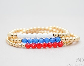 Gold filled bracelet set | white, blue and red beads | Stretch stackable layering gold bracelet | flag colors | red white blue flag stack