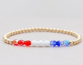 3mm gold filled bracelet with red, white and blue polished beads | Stretch stackable layering yellow gold bracelet | Flag bracelet