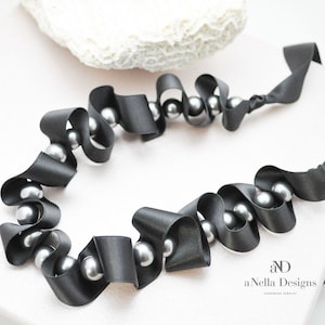 Black silk ribbon necklace with silver grey pearls Statement jewelry elegant classic  big bold chunky birthday gift for mom bridesmaid party