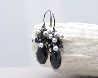 Black crystal teardrop earring with silver pearls Dangle drop fancy bridal party jewelry coal ebony jade color crystal