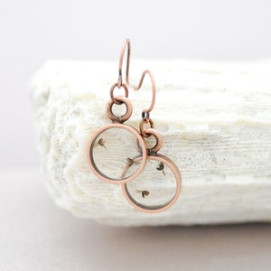 以下が含まれることがあります： 小さな丸いガラス製のチャームにドライフラワーが入った、銅製のドロップイヤリングのペア。イヤリングはシンプルでミニマルなデザインです。