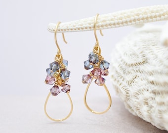 Gold teardrop hoop earring with pink and blue crystals dainty simple short dangle drop jewelry everyday gift for girlfriend lightweight gift