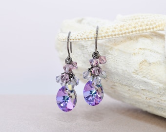 Light purple pink iridescent crystal earrings, prom statement delicate dainty short drop dangle birthday bridal party bridesmaid jewelry