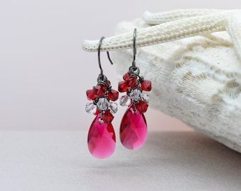 Ruby red teardrop earrings | Bridesmaid Bridal party gift | Holiday scarlet jewelry | Prom and Valentines gift | drop gangle fancy formal
