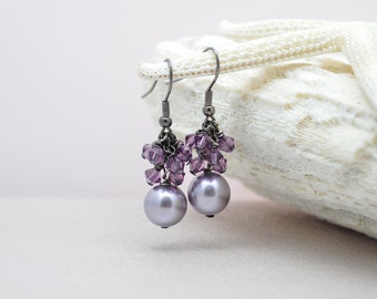 Purple pearl with crystal earrings | Elegant lavender classic lightweight dangle Victorian jewelry | Short drop bridal party gift for mother