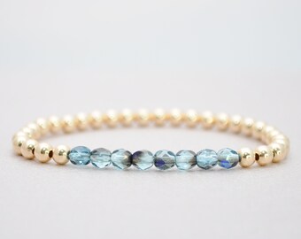 4mm Gold Filled Bracelet Blue and Teal Beads Friendship bracelet Stackable elastic stretch rolling green delicate dainty gift easy to wear