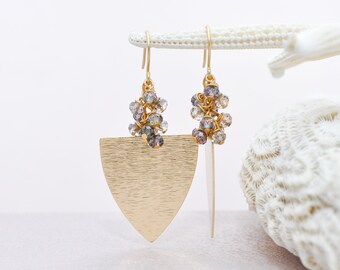 Geometric modern gold statement earrings with light green crystals dangle chandelier brushed shield large triangle