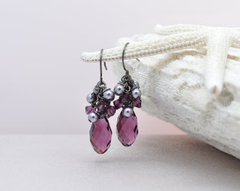 Purple bridesmaid teardrop crystal earring with pearls | bridal party jewelry amethyst lilac drop dangle fancy earrings February birthstone