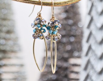 Iridescent teal green gold teardrop hoop earring gift for girlfriend mother holiday festive birthday fancy shiny glam prom bridal party long