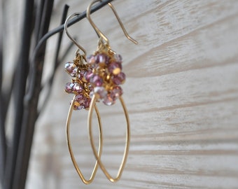 Crystal lilac lavender purple and pink and gold teardrop hoop earrings statement drop dangle long jewelry for girlfriend mother Easter