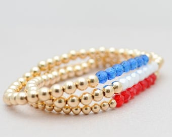 French flag bracelet | Gold filled bracelet set | blue, white and red beads | Stretch stackable layering slide on gold bracelet flag colors