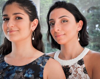 Bridesmaid gift set of 5 pearl hoop earrings silver, gold  or rose gold - aNella Designs