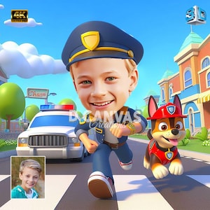 Custom Young Boy Running with Cartoon Dog Caricature – , Personalized Figurine, Fun Gift for Kids and Pet Lovers, Playful Moment Captured