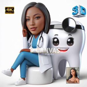 Benutzerdefinierte Zahnarzt Karikatur Porträt - von Ihrem Foto, 3D Cartoon Stil, weibliche Zahnärztin, spezielles Geschenk für Frauen, digitaler Download.