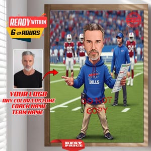 Custom NFL Football Coach Trainer Caricature Portrait - From Your Photo, Personalized, Fitness bills Coach, American Football