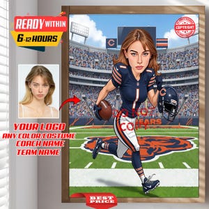 Custom NFL Football Female Player Coach Trainer Caricature Portrait - From Your Photo, Personalized, Chicago Bears, American Football