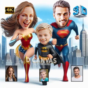 Benutzerdefinierte Superheldenfamilienkarikatur, Cartoonporträt, Familienporträt, Familiengeschenk, Superfamilienkarikatur, Superheldkarikatur,