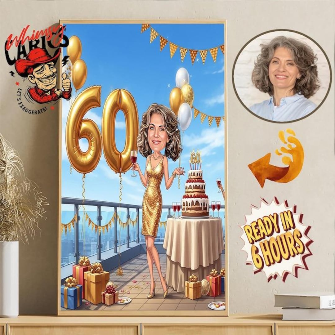 60th Birthday Custom Caricature | Personalized Cartoon Portrait | Funny ...